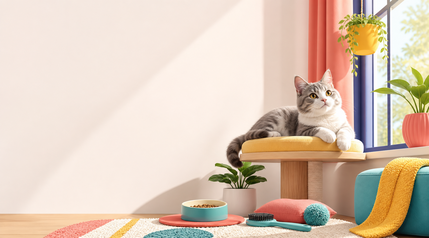 Bright playful indoor cat supplies scene for Cat Magic
