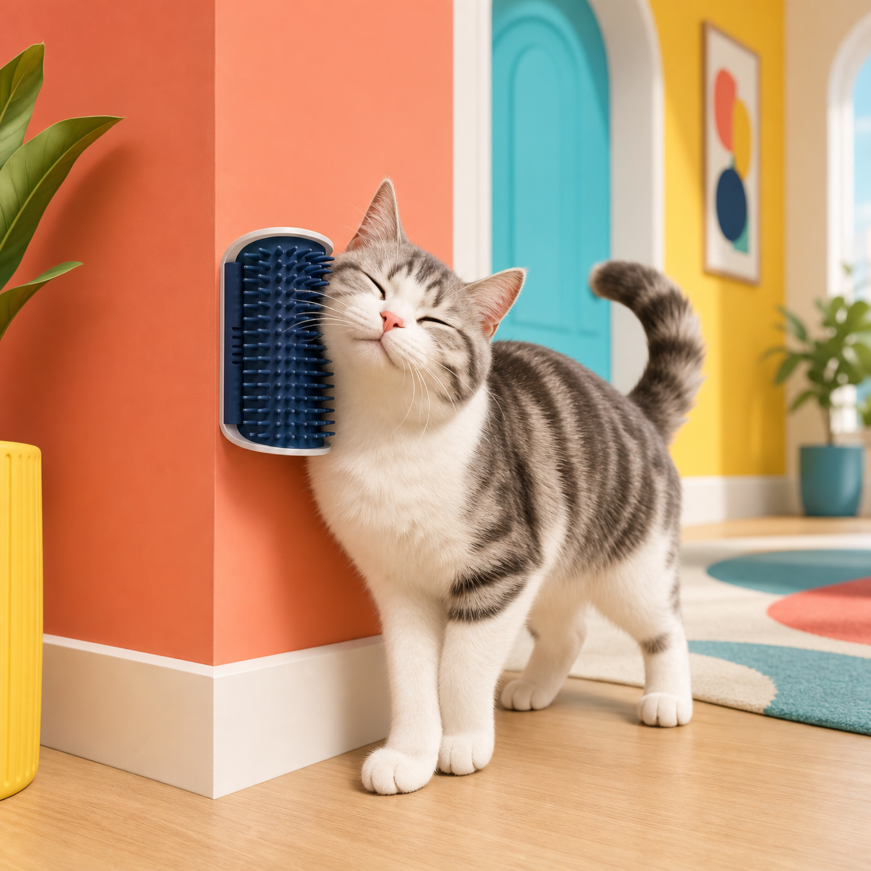 Illustration of a cat using a corner grooming brush